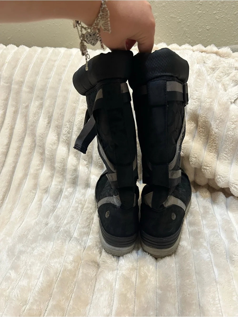 Coach Black Quilted Lace-Up Winter Rain Boots with Gray Trim EUC